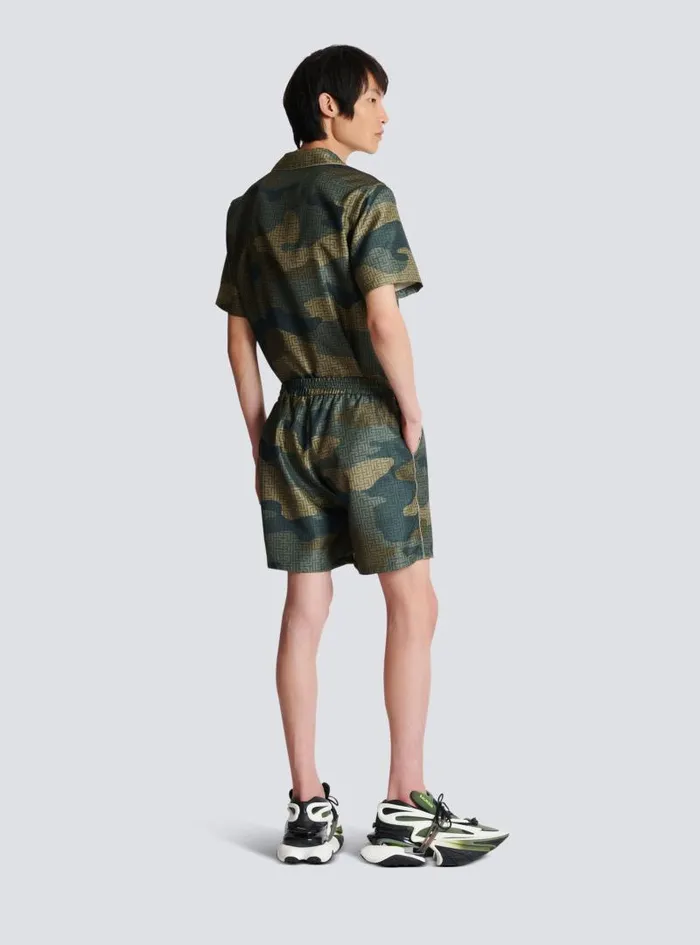 Balmain Trousers And Shorts Men Camouflage Monogrammed Shantung Shorts Khaki