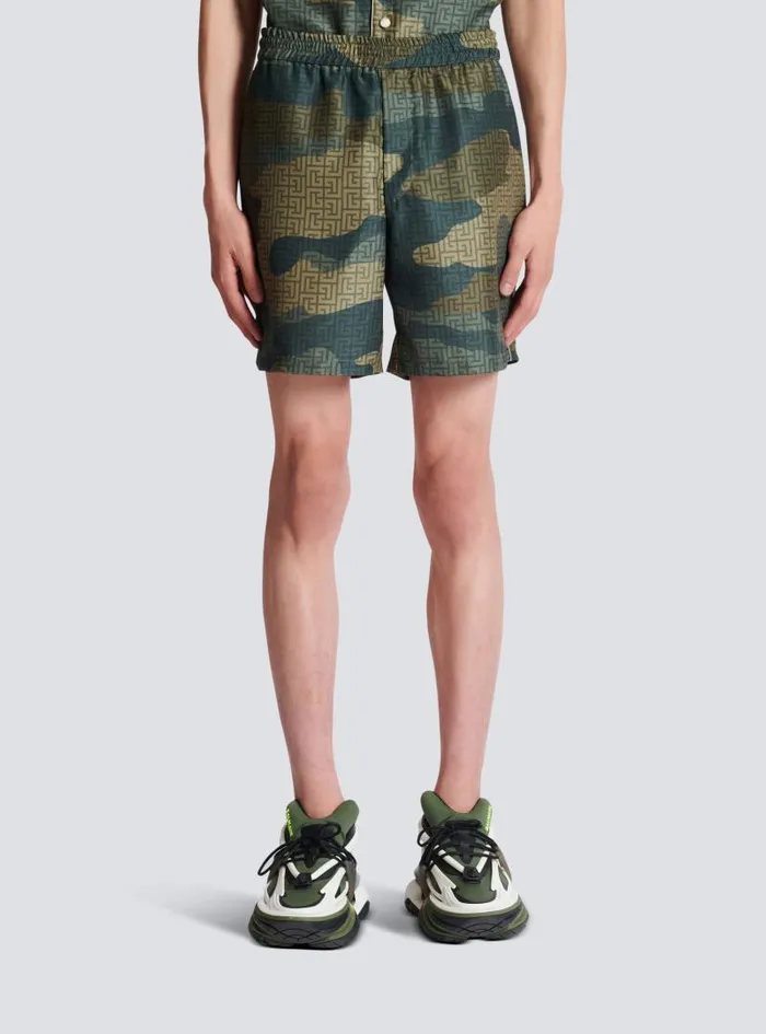 Balmain Trousers And Shorts Men Camouflage Monogrammed Shantung Shorts Khaki