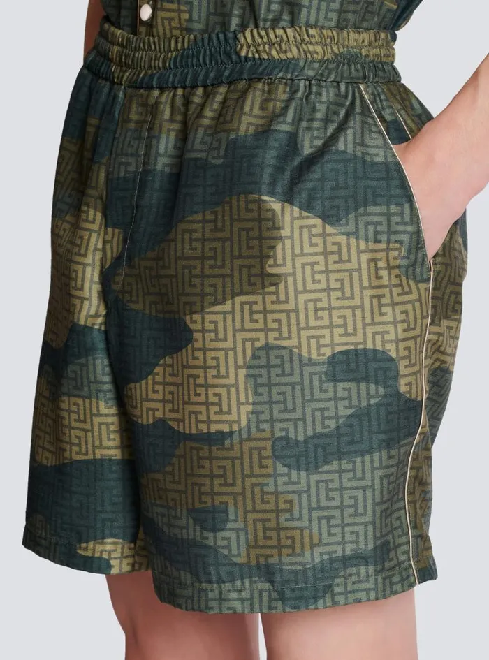 Balmain Trousers And Shorts Men Camouflage Monogrammed Shantung Shorts Khaki