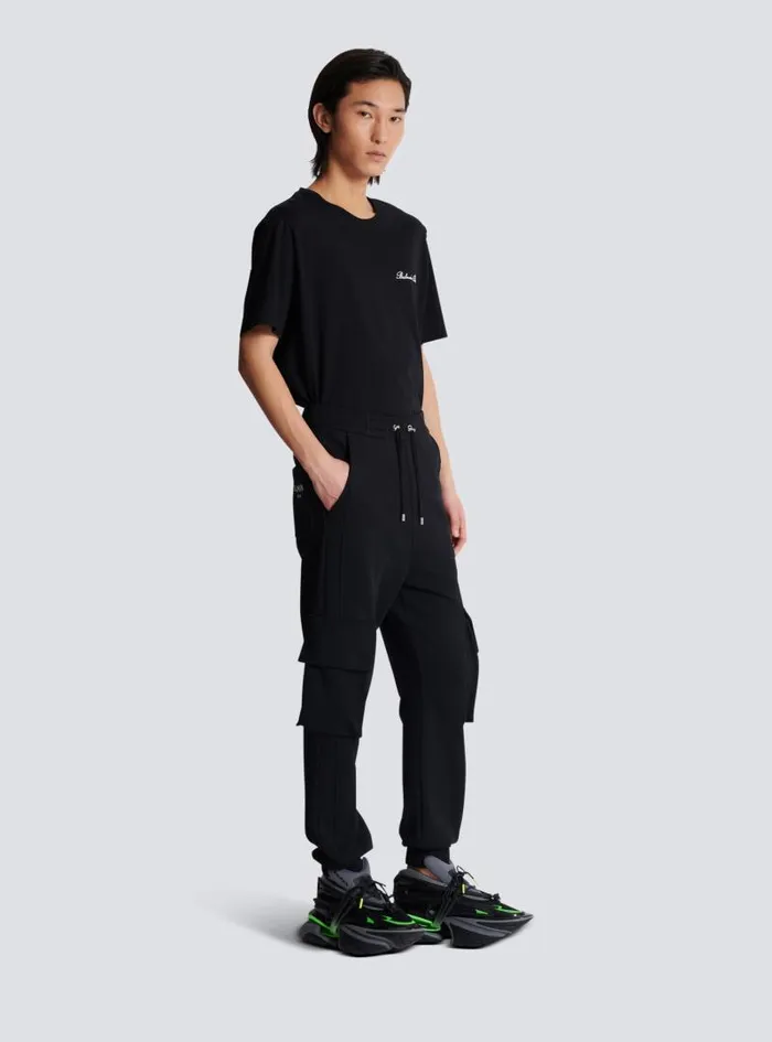 Balmain Trousers And Shorts Men Cargo Joggers With Paris Print Black
