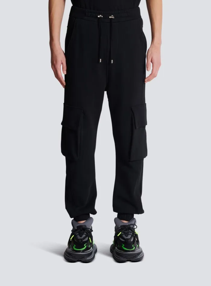 Balmain Trousers And Shorts Men Cargo Joggers With Paris Print Black