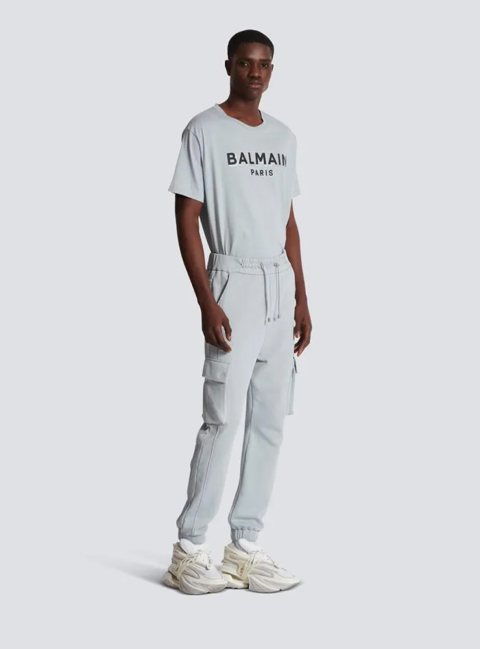 Balmain Trousers And Shorts Men Cargo Joggers With Paris Print Grey