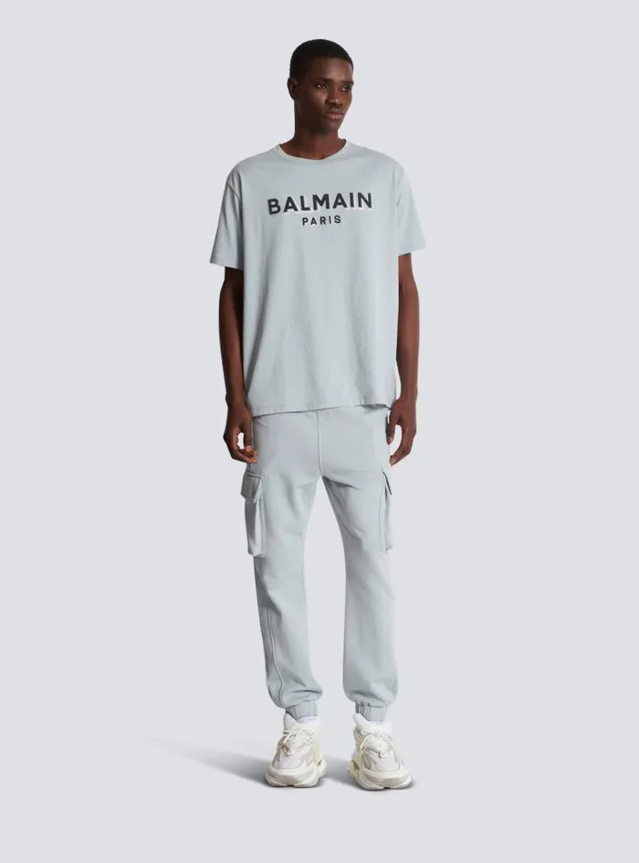 Balmain Trousers And Shorts Men Cargo Joggers With Paris Print Grey