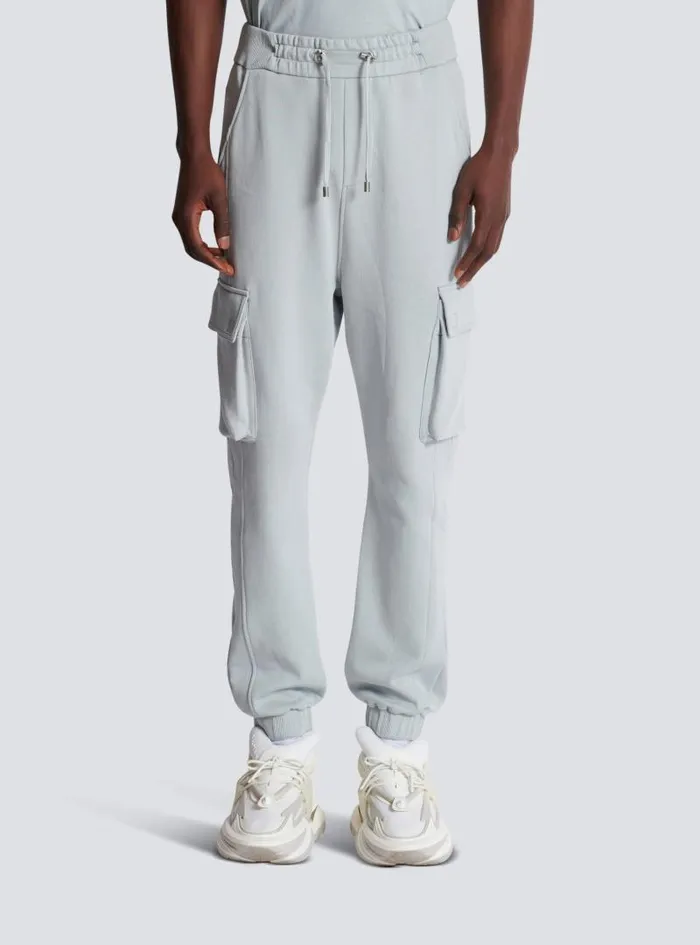 Balmain Trousers And Shorts Men Cargo Joggers With Paris Print Grey