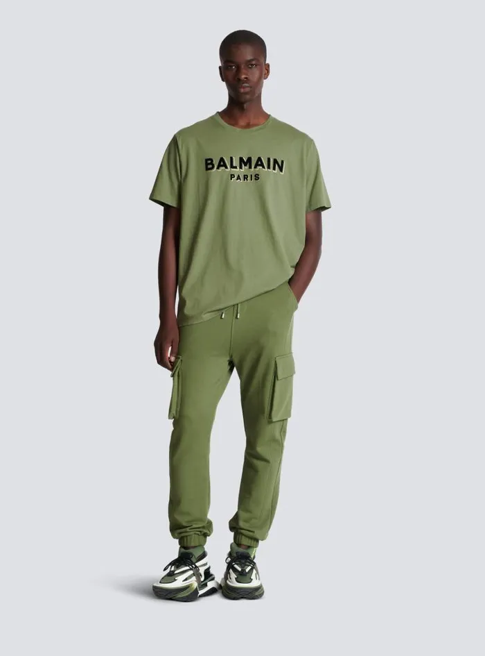 Balmain Trousers And Shorts Men Cargo Joggers With Paris Print Khaki
