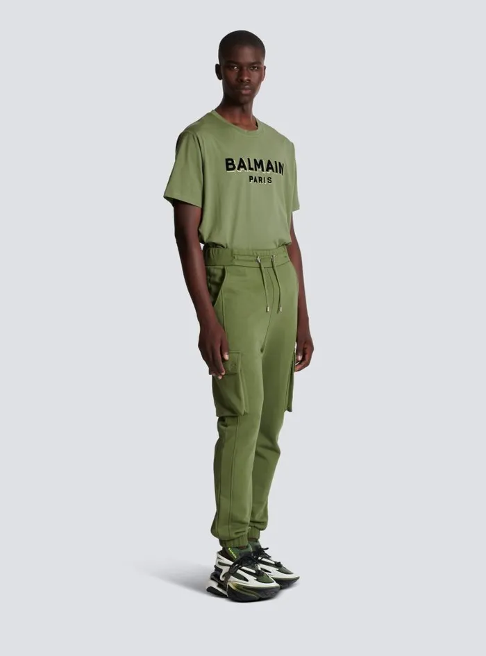 Balmain Trousers And Shorts Men Cargo Joggers With Paris Print Khaki