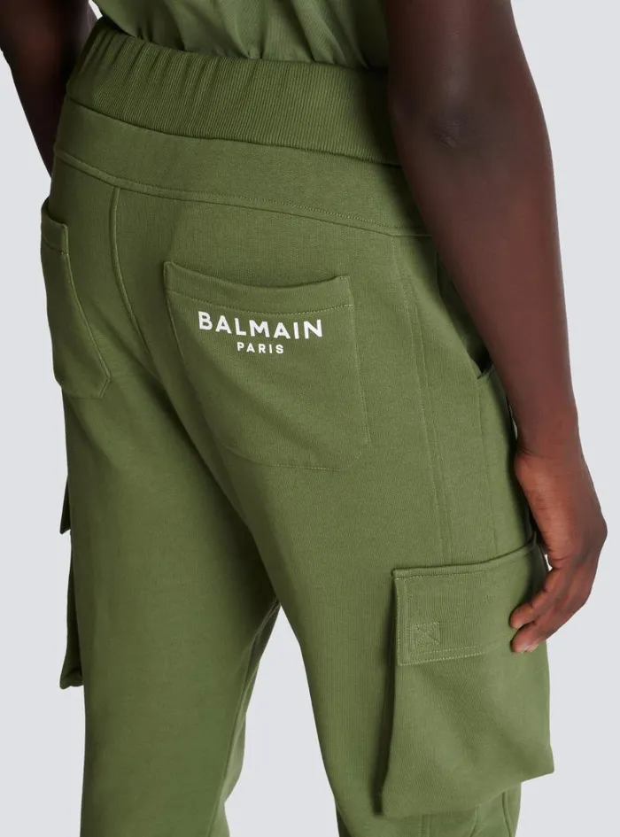 Balmain Trousers And Shorts Men Cargo Joggers With Paris Print Khaki
