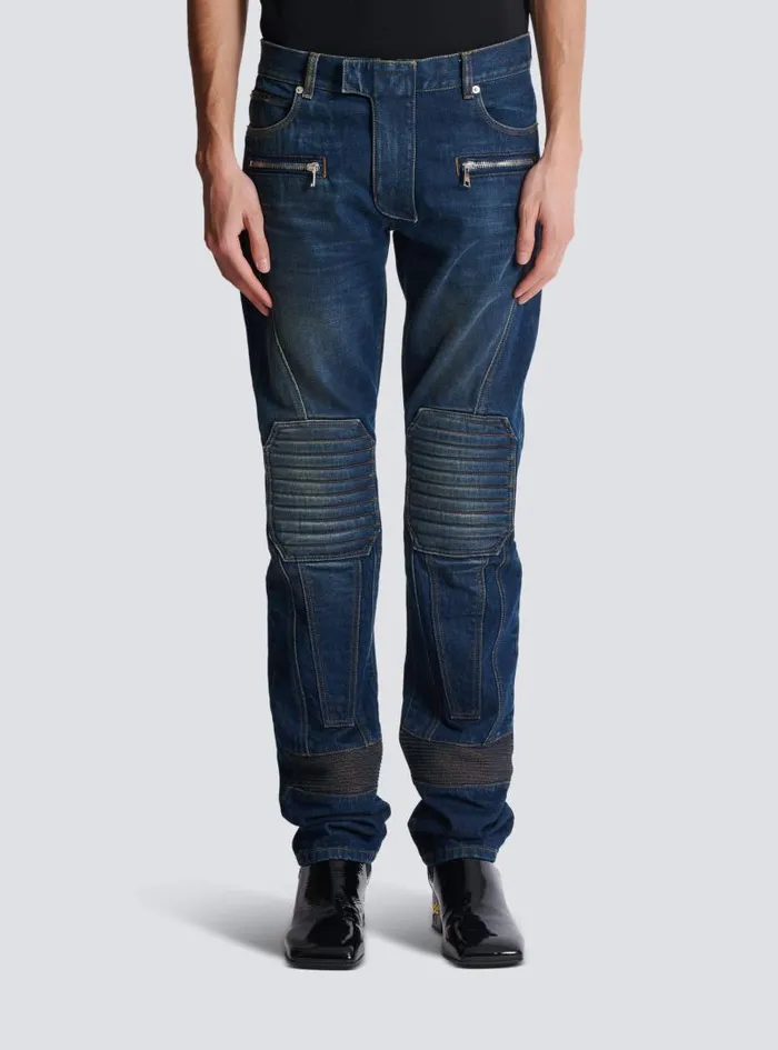 Balmain Trousers And Shorts Men Denim Straightleg Biker Jeans Navy