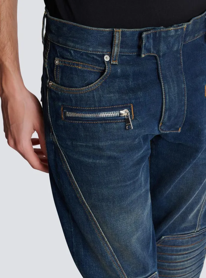 Balmain Trousers And Shorts Men Denim Straightleg Biker Jeans Navy