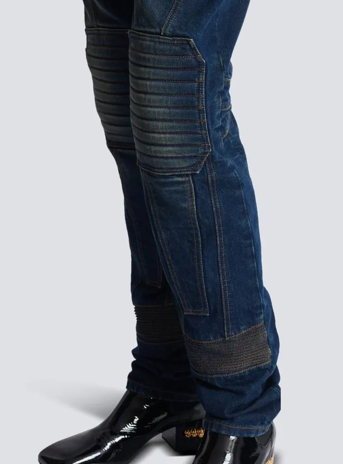 Balmain Trousers And Shorts Men Denim Straightleg Biker Jeans Navy