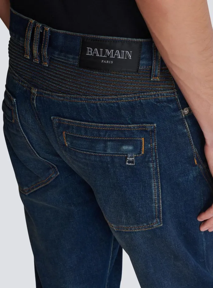 Balmain Trousers And Shorts Men Denim Straightleg Biker Jeans Navy