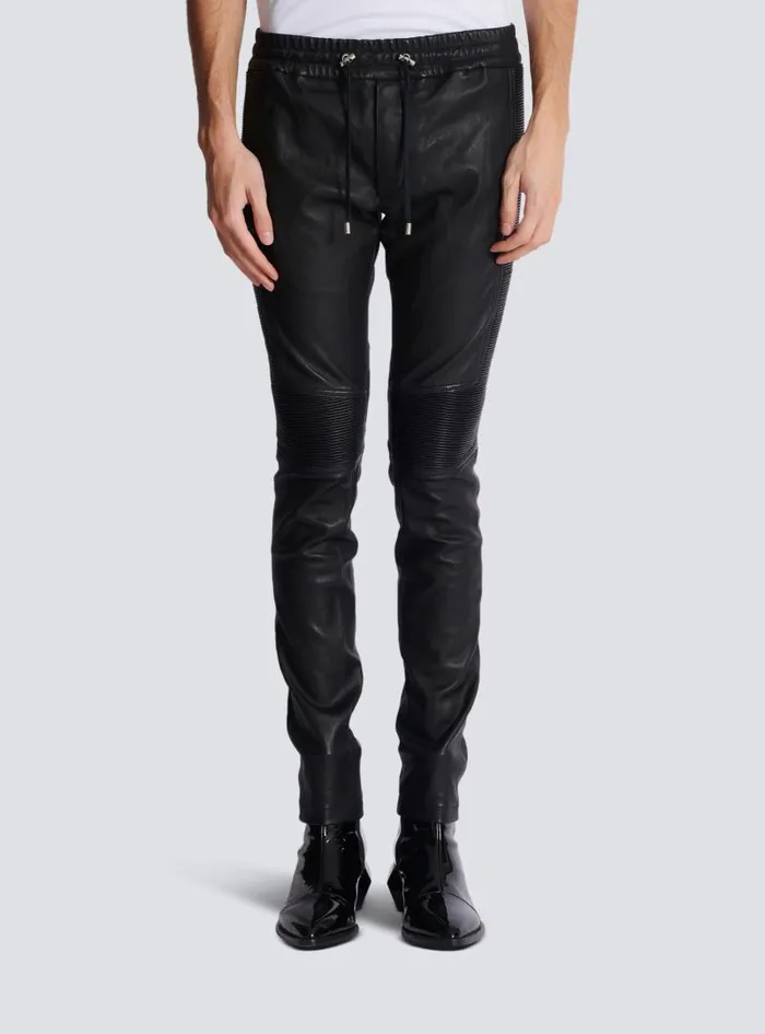 Balmain Trousers And Shorts Men Leather Biker Trousers Black