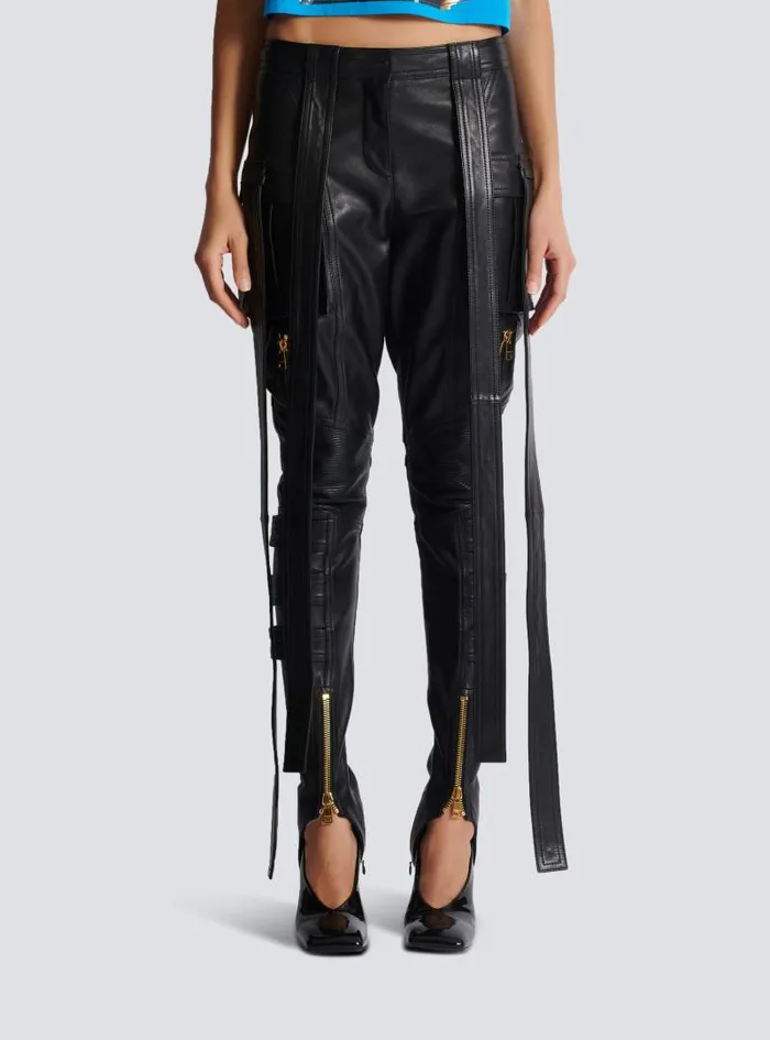 Balmain Trousers And Shorts Women Leather Cargo Trousers With Straps Black