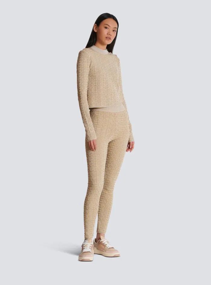 Balmain Trousers And Shorts Women PB Labyrinth Knit Leggings Beige