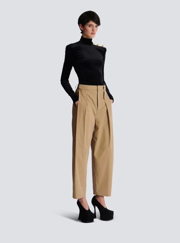 Balmain Trousers And Shorts Women Pleated Cotton Trousers Beige