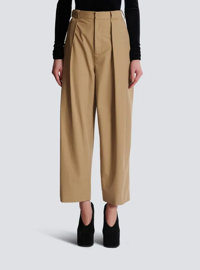 Balmain Trousers And Shorts Women Pleated Cotton Trousers Beige