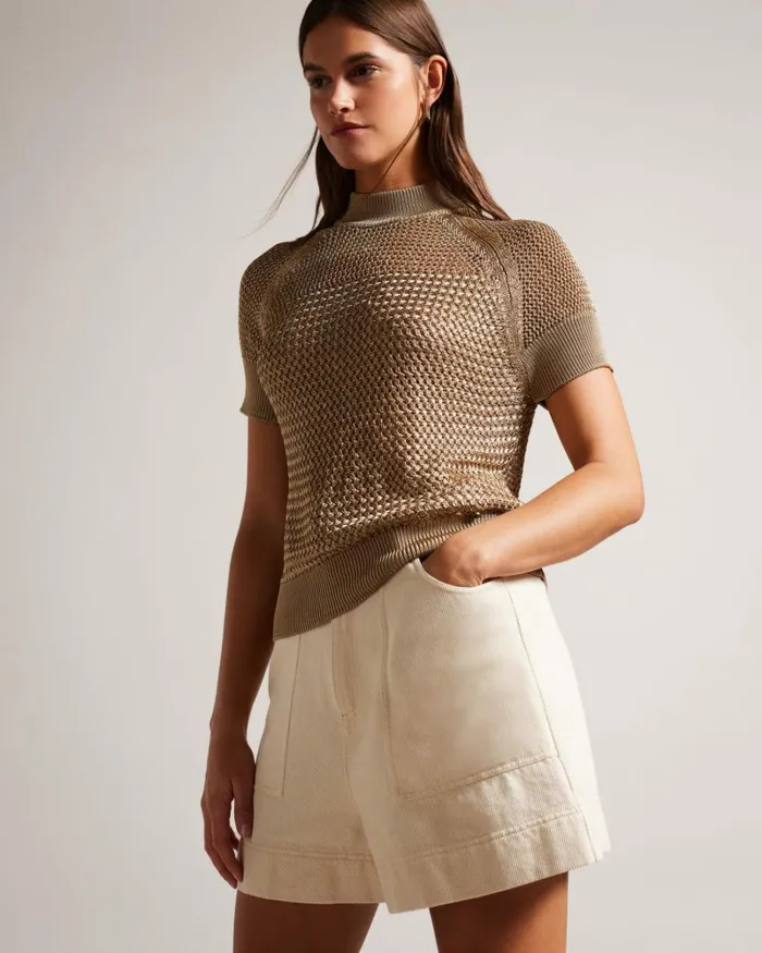 Basket Stitch Short Sleeve Top BrownTan Women Ted Baker Clothing Basket Stitch Short Sleeve Top BrownTan Women Ted Baker Clothing