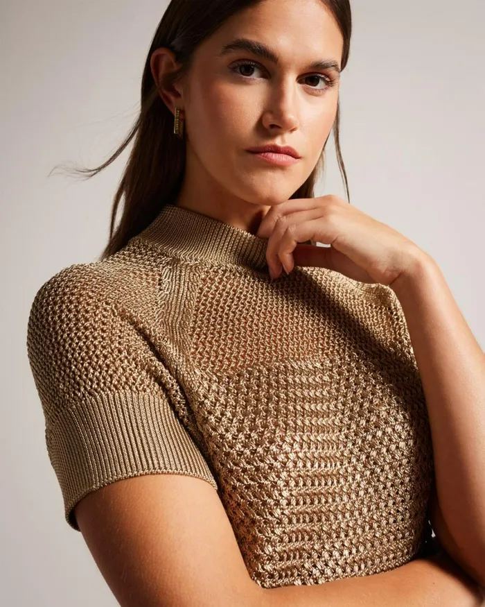 Basket Stitch Short Sleeve Top BrownTan Women Ted Baker Clothing Basket Stitch Short Sleeve Top BrownTan Women Ted Baker Clothing