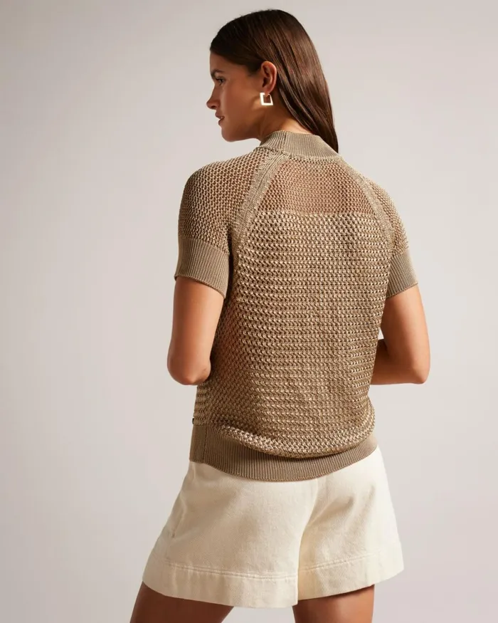 Basket Stitch Short Sleeve Top BrownTan Women Ted Baker Clothing Basket Stitch Short Sleeve Top BrownTan Women Ted Baker Clothing