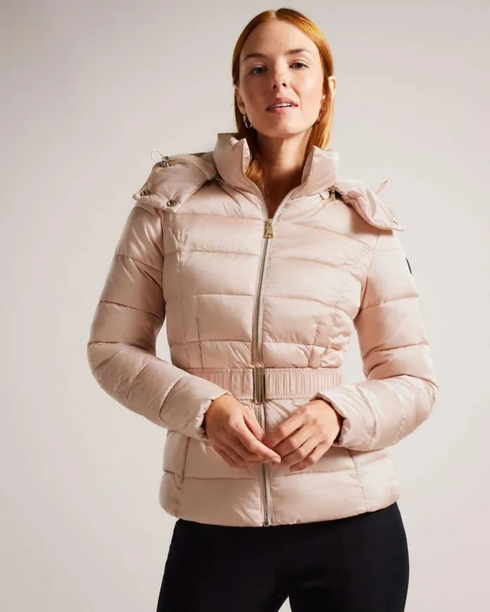 Belted Padded Coat With Detachable Hood Dusky Pink Women Ted Baker Coats and Jackets