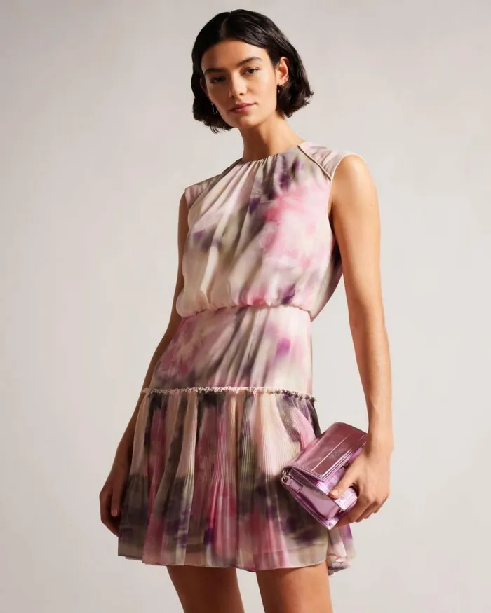 Blurred Floral Waisted Sleeveless Mini Dress Coral Women Ted Baker Dresses