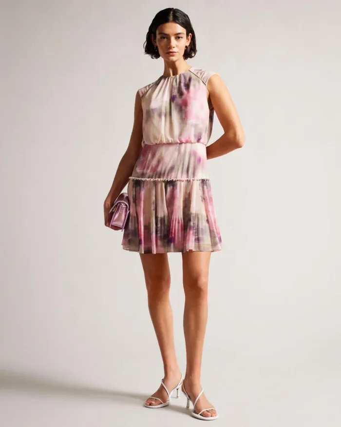Blurred Floral Waisted Sleeveless Mini Dress Coral Women Ted Baker Dresses