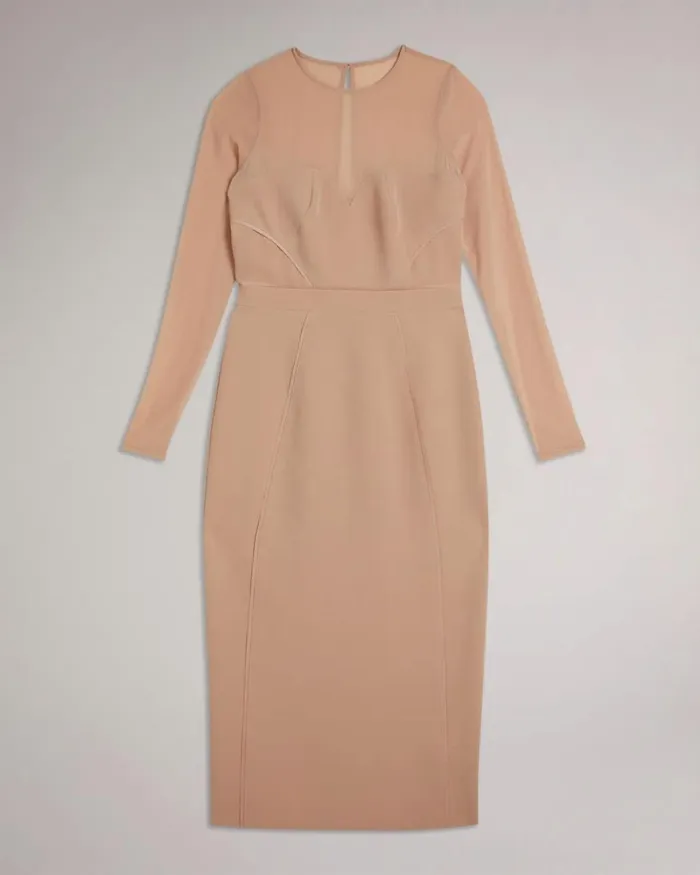 Bodycon Midi Dress With Sheer Sleeves Nude Women Ted Baker Clothing