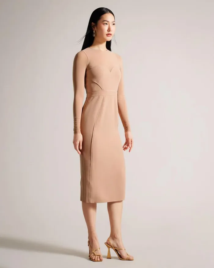 Bodycon Midi Dress With Sheer Sleeves Nude Women Ted Baker Clothing Bodycon Midi Dress With Sheer Sleeves Nude Women Ted Baker Clothing