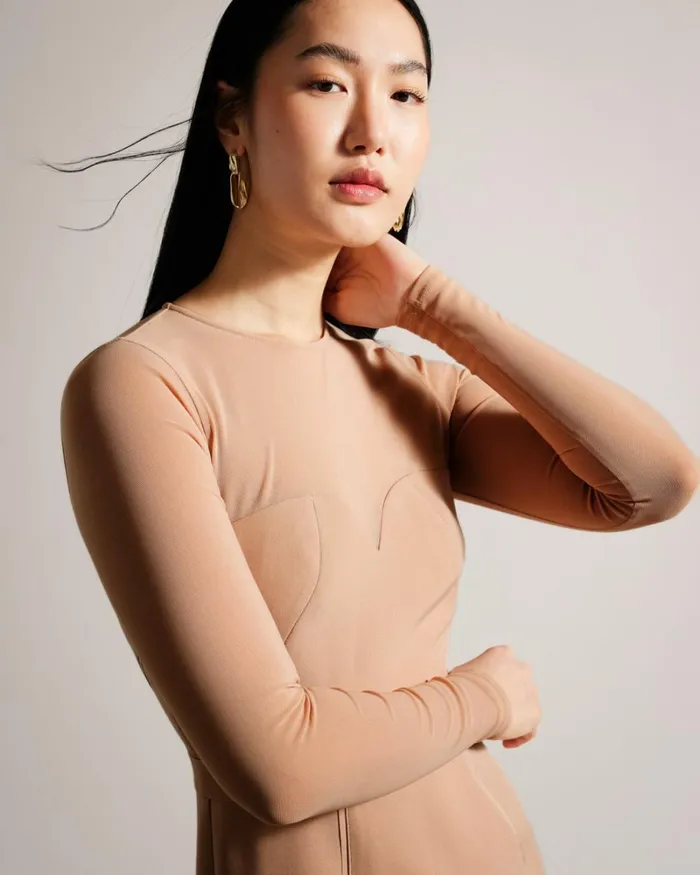 Bodycon Midi Dress With Sheer Sleeves Nude Women Ted Baker Clothing Bodycon Midi Dress With Sheer Sleeves Nude Women Ted Baker Clothing