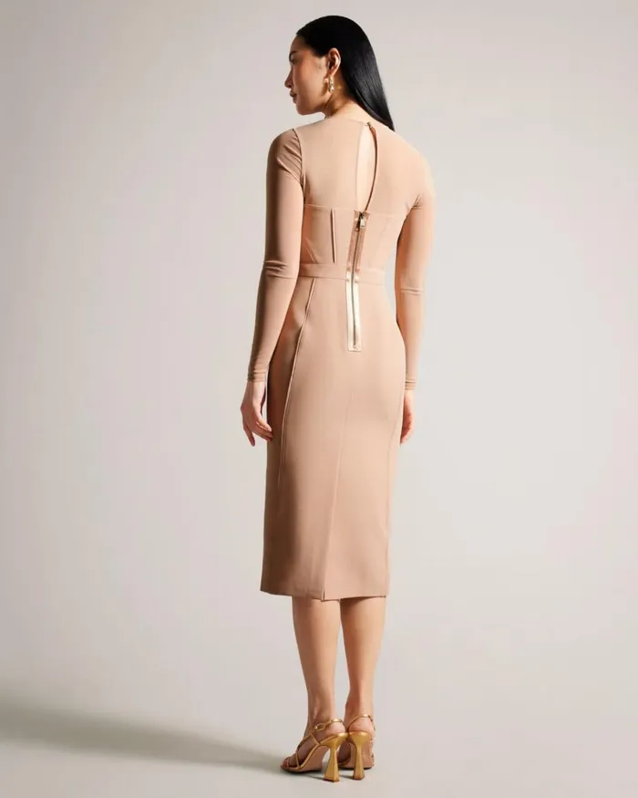 Bodycon Midi Dress With Sheer Sleeves Nude Women Ted Baker Clothing Bodycon Midi Dress With Sheer Sleeves Nude Women Ted Baker Clothing