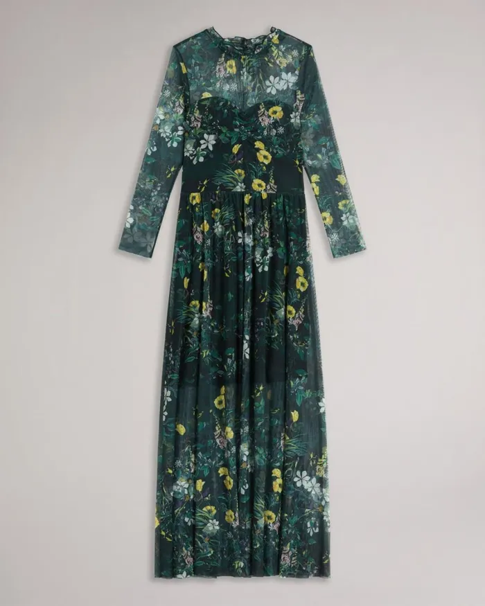 Botanical Print Mesh Midi Dress Dark Green Women Ted Baker Clothing
