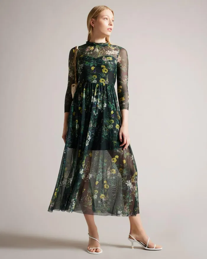 Botanical Print Mesh Midi Dress Dark Green Women Ted Baker Clothing Botanical Print Mesh Midi Dress Dark Green Women Ted Baker Clothing