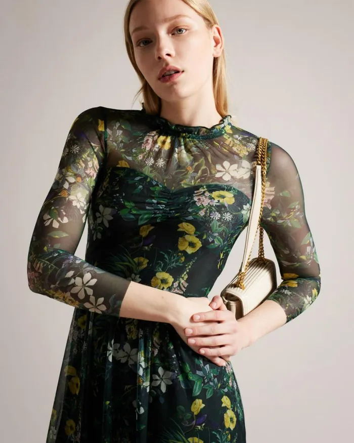 Botanical Print Mesh Midi Dress Dark Green Women Ted Baker Clothing Botanical Print Mesh Midi Dress Dark Green Women Ted Baker Clothing