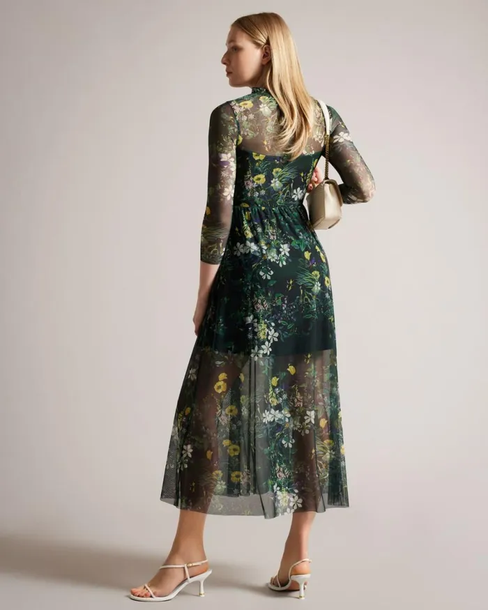 Botanical Print Mesh Midi Dress Dark Green Women Ted Baker Clothing Botanical Print Mesh Midi Dress Dark Green Women Ted Baker Clothing