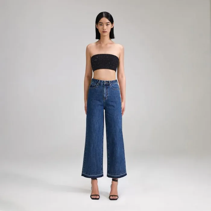 Bottoms Woman SelfPortrait Black Denim Cropped High Rise Trouser Bottoms Woman SelfPortrait Black Denim Cropped High Rise Trouser