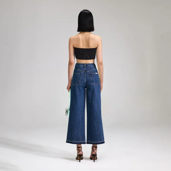 Bottoms Woman SelfPortrait Black Denim Cropped High Rise Trouser Bottoms Woman SelfPortrait Black Denim Cropped High Rise Trouser