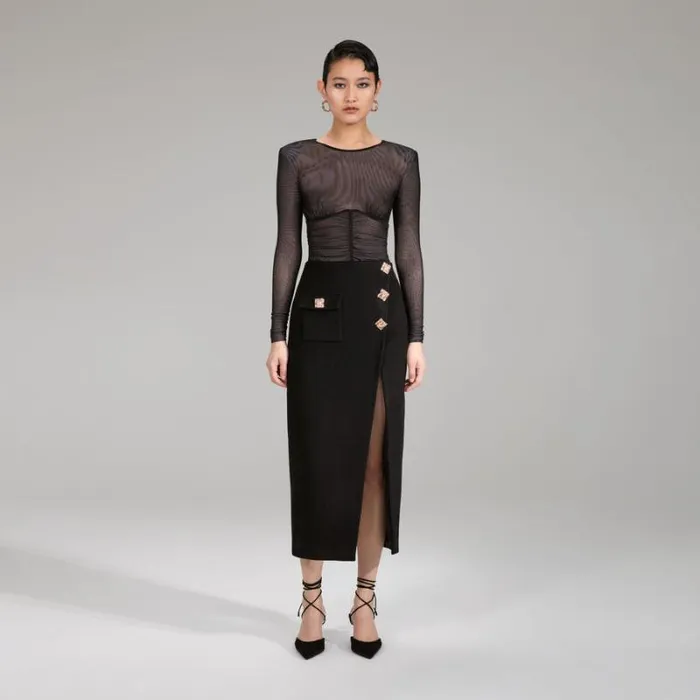 Bottoms Woman SelfPortrait Black Wool Midi Skirt