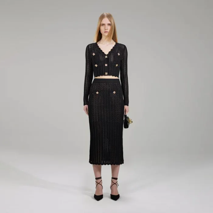 Bottoms Woman SelfPortrait Black Wool Midi Skirt Bottoms Woman SelfPortrait Black Wool Midi Skirt