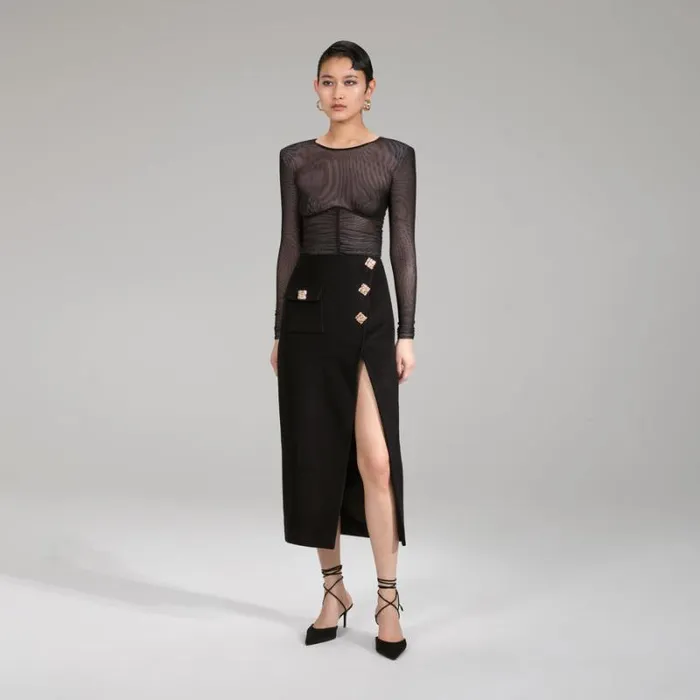 Bottoms Woman SelfPortrait Black Wool Midi Skirt Bottoms Woman SelfPortrait Black Wool Midi Skirt