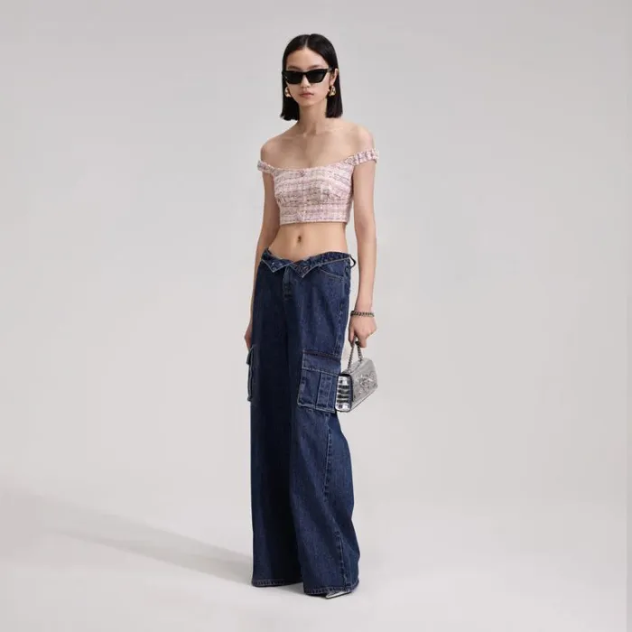 Bottoms Woman SelfPortrait Blue Denim Cargo Jeans Bottoms Woman SelfPortrait Blue Denim Cargo Jeans