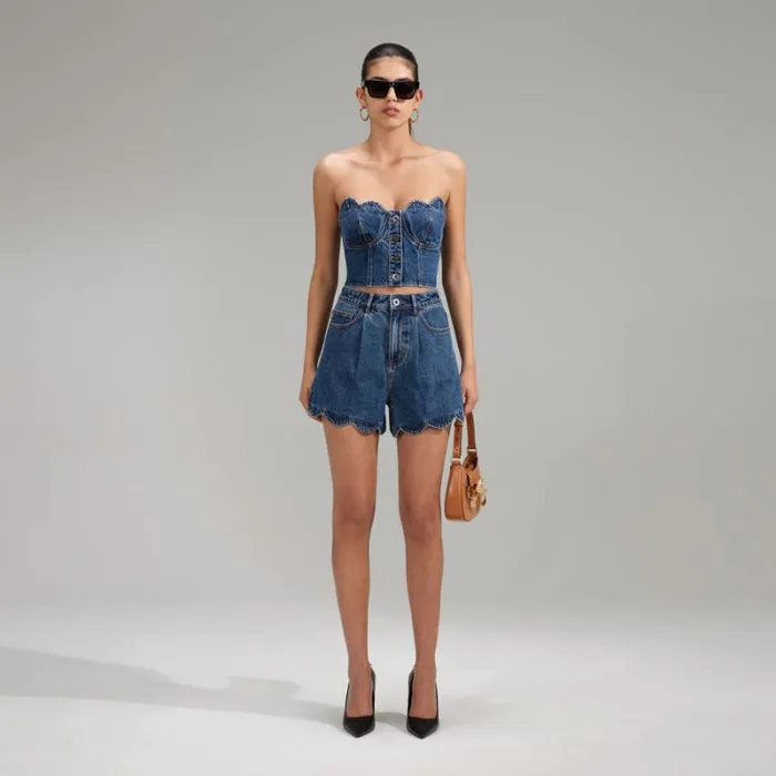 Bottoms Woman SelfPortrait Denim Mini Skirt With Scalloped Hem Bottoms Woman SelfPortrait Denim Mini Skirt With Scalloped Hem