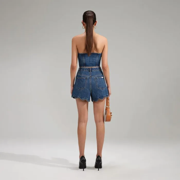 Bottoms Woman SelfPortrait Denim Mini Skirt With Scalloped Hem Bottoms Woman SelfPortrait Denim Mini Skirt With Scalloped Hem