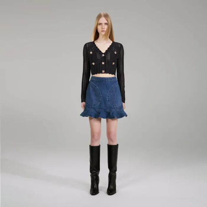 Bottoms Woman SelfPortrait Denim Mini Skirt With Scalloped Hem Bottoms Woman SelfPortrait Denim Mini Skirt With Scalloped Hem