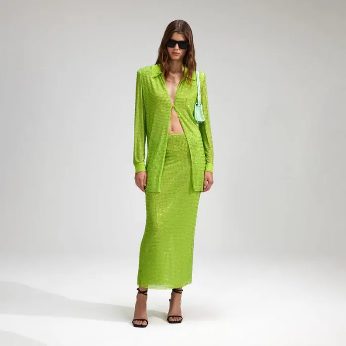 Bottoms Woman SelfPortrait Green Rhinestone Mesh Midi Skirt