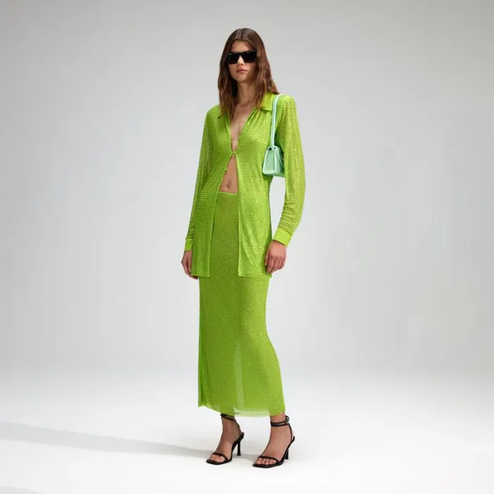 Bottoms Woman SelfPortrait Green Rhinestone Mesh Midi Skirt Bottoms Woman SelfPortrait Green Rhinestone Mesh Midi Skirt