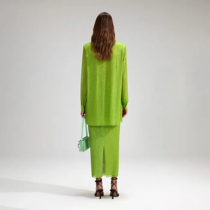 Bottoms Woman SelfPortrait Green Rhinestone Mesh Midi Skirt Bottoms Woman SelfPortrait Green Rhinestone Mesh Midi Skirt