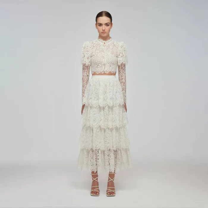 Bottoms Woman SelfPortrait Ivory Corded Lace Tiered Midi Skirt