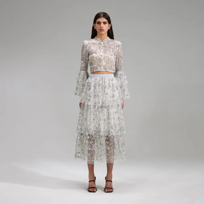 Bottoms Woman SelfPortrait Ivory Corded Lace Tiered Midi Skirt Bottoms Woman SelfPortrait Ivory Corded Lace Tiered Midi Skirt