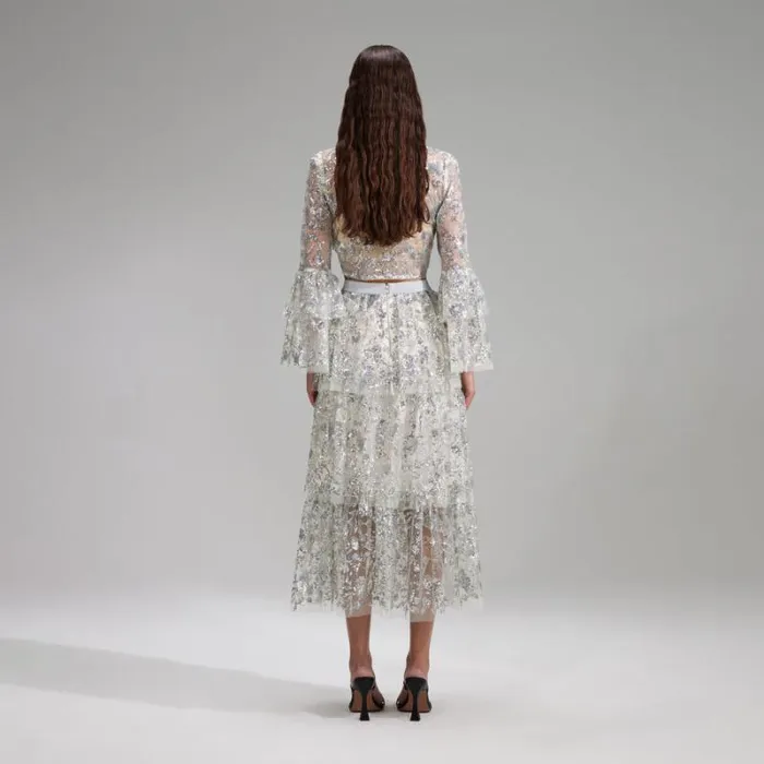 Bottoms Woman SelfPortrait Ivory Corded Lace Tiered Midi Skirt Bottoms Woman SelfPortrait Ivory Corded Lace Tiered Midi Skirt