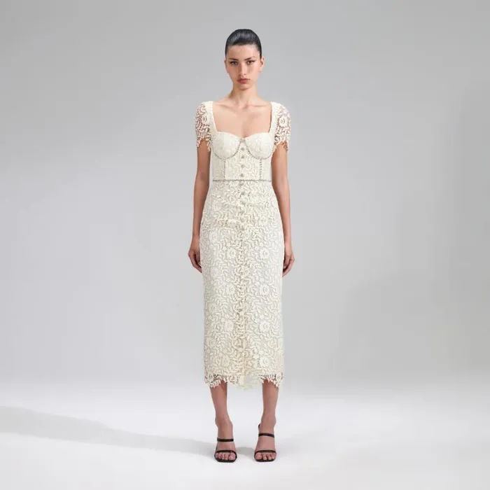 Bottoms Woman SelfPortrait Ivory Corded Lace Tiered Midi Skirt Bottoms Woman SelfPortrait Ivory Corded Lace Tiered Midi Skirt